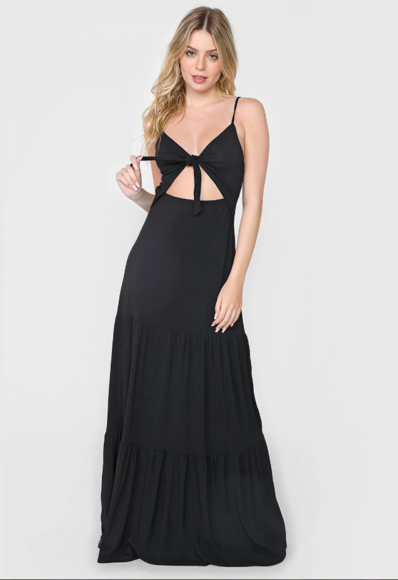 Vestido Fiveblu Longo Marias Amarração Preto